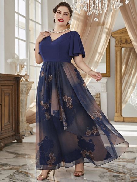 

plus floral print flutter sleeve dress h0za#, Black