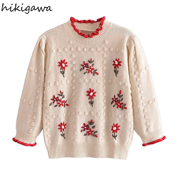 

hikigawa womens winter sweaters 2021 ruffled collar long sleeve pullover sweater flower embroidery lace chic fashion, White;black