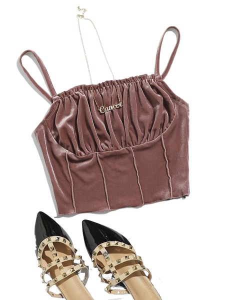 

frill trim ruched bust velvet crop cami o6ci#, White