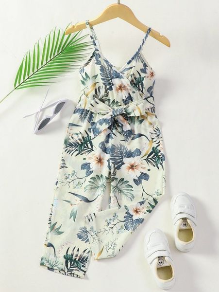 

toddler girls tropical print overlap collar belted cami jumpsuit she, Blue