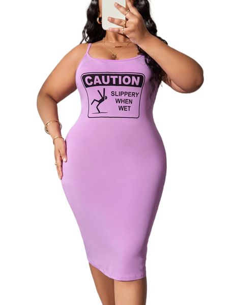 

sxy plus slogan & cartoon graphic cami dress 39j9#, Black