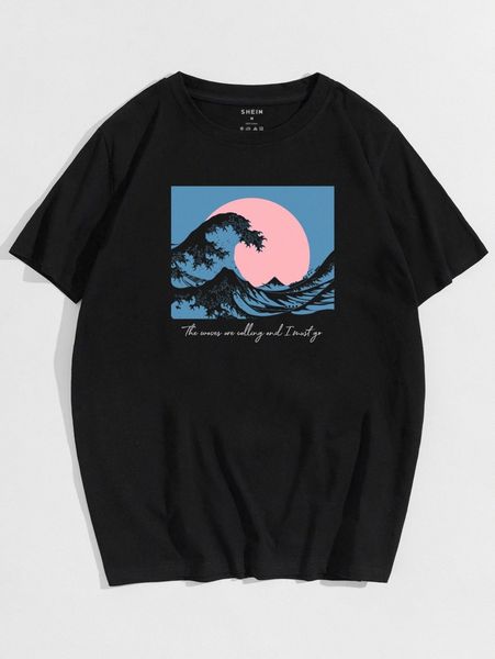 

men slogan & wave print tee b20n#, White;black