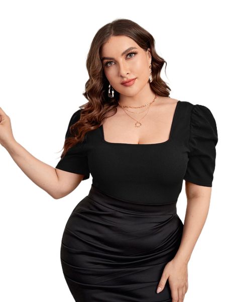 

plus square neck puff sleeve tee i8cf#, Black