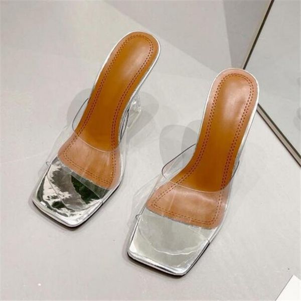 

women slippers designer sandals pumps fashion female transparent high heels square toe slides ladies summer shoes, Black
