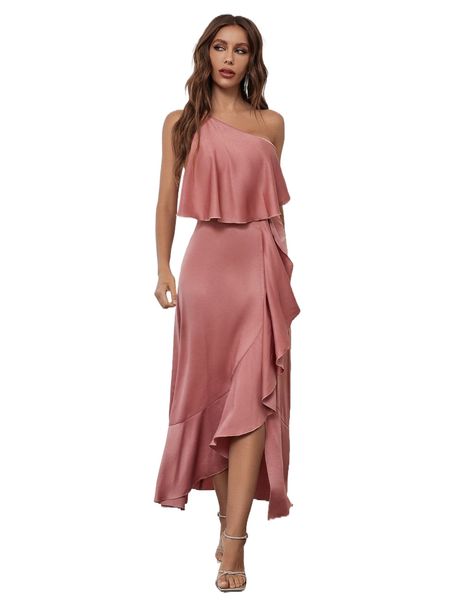 

one shoulder ruffle trim asymmetrical hem bridesmaid dress s7xb#, White;black