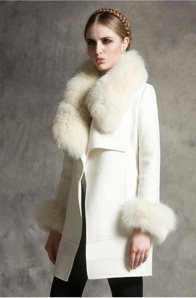 

2021 fur jackets parka new autumn winter women elegant slim solid wool coat fur collar and sleeves warm outfit fashion casaco l220725, Black