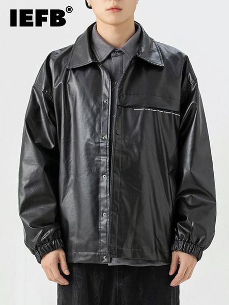 

iefb autumn letter pu leather men jacket solid color turndown collar zipper male long sleeve darkwear 9a4503 220816, Black;brown