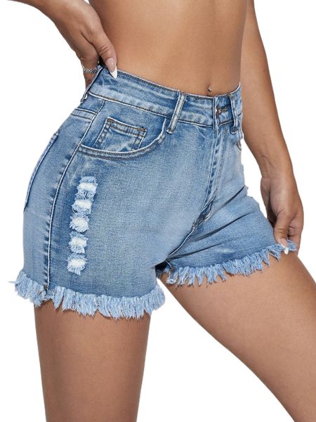 

high waist ripped raw trim denim shorts r0s2#, White;black