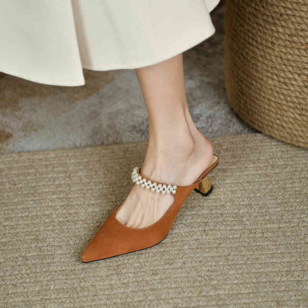 

sandals pointed baotou semi slippers women's summer french fashion dress temperament pearl back empty thin heel high heels asn6, Black