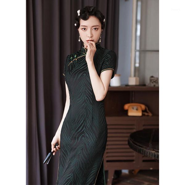 Primavera estate elegante cheongsam verde scuro migliorato stile tradizionale cinese sexy abbigliamento etnico Qipao ad alta divisione