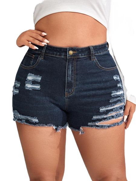 

plus high waist ripped raw trim denim shorts e9pd#, White;black