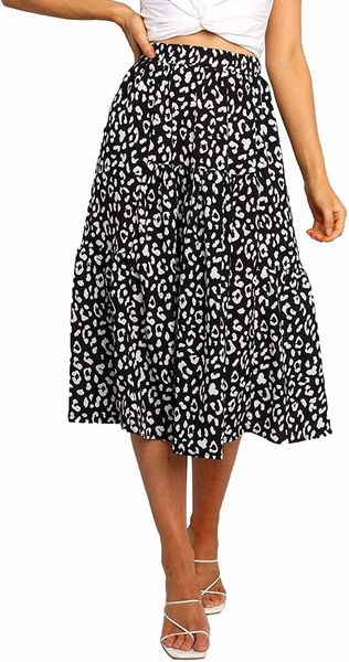 

women's boho leopard print skirt pleated a-line swing midi skirts s0co#, Black