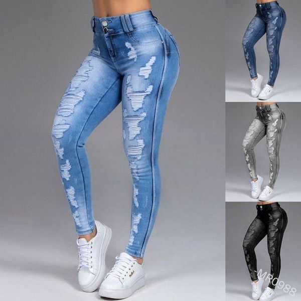 Jeans femininos de grandes dimensões Ripped Hole Lápis Plus Size Jeggings Solid Summer Summer Casual Cantura alta Slim Denim Streetwears