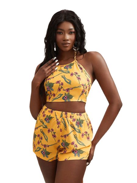 

x patishop art floral print tie backless crop halter & shorts p7ov#, White