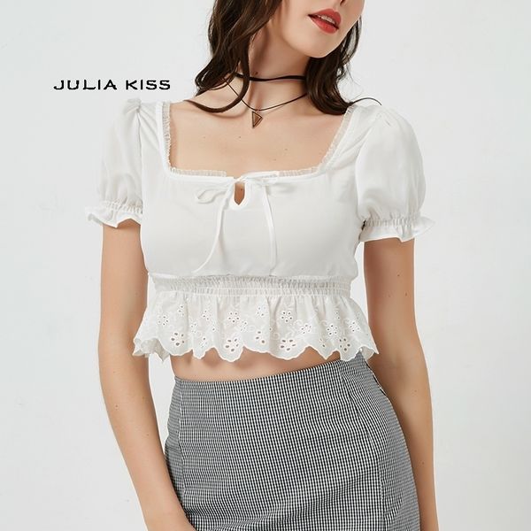

women square neck chiffon crop spliced lace hem with puff sleeve short sleeve blouse y200402, White