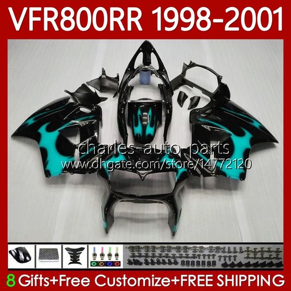 Body Kit Voor HONDA Interceptor VFR 800RR 800 CC RR VFR800RR 1998 1999 2000 2001 Cyaan vlammen Carrosserie 128No.101 VFR-800 800CC VFR800R 98-01 VFR800 RR 98 99 00 01 Kuip