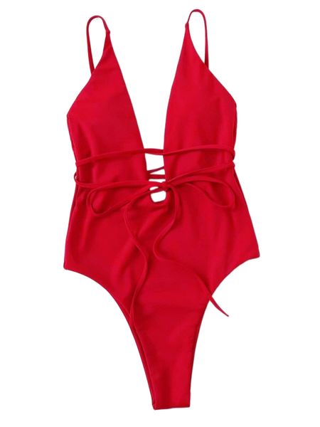 

solid lace up one piece swimsuit x3kw#, White;black