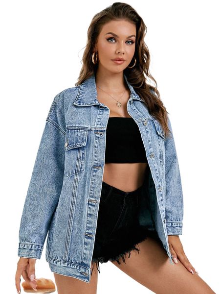 

drop shoulder flap detail denim coat l0gc#, Black;brown
