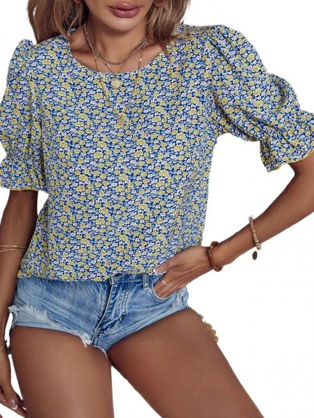 

ditsy floral flounce sleeve blouse m7c7#, White