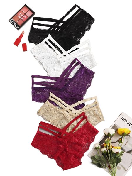 

5pack floral lace panty set y2j2#, Black;red