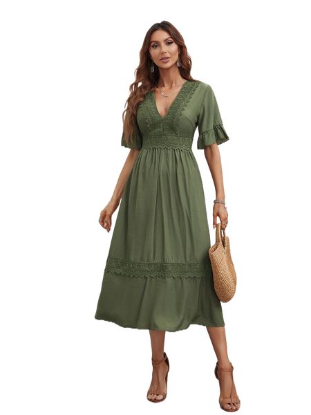 

contrast guipure lace ruffle cuff tie back dress e23y#, Black;gray