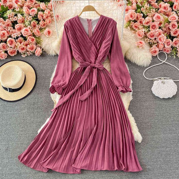 

aibeautyer new autumn casual solid slim lady full dress a line v neck puff sleeve chiffon pullover mid-calf women dresses y220413, Black;gray