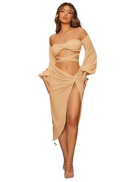 

sxy off shoulder twist front and split thigh skirt set m1v4#, White