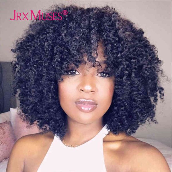 200 Yoğunluklu Kıvırcık Peruk Bangs İnsan Saç Makine Siyah Kadınlar İçin Kısa Bob Kalın Afro Kinky S Made Siyah Kadınlar 220707