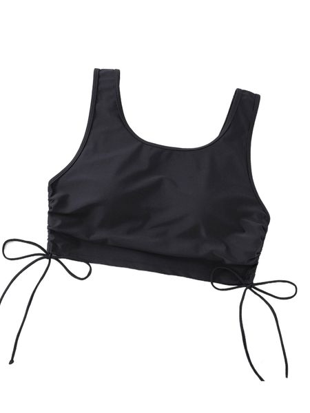 

plus solid drawstring side bikini r2kl#, Black