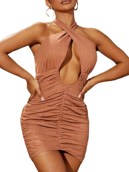 

sxy cross wrap tie backless ruched halter dress t2ew#, Black;gray