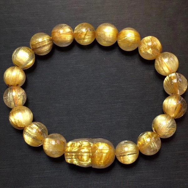 

genuine natural brazil gold rutilated quartz crystal bracelet 9mm woman man round beads pi xiu pendant wealthy aaaaaa, Silver