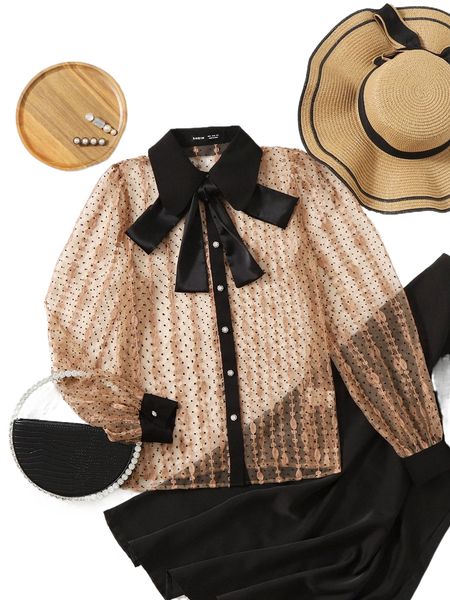 

tie neck polka dot sheer mesh shirt y48n#, White
