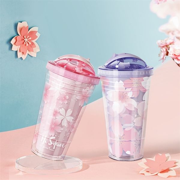 Garrafa de água fofa de Sakura com garrafas de palha kawaii para beber café bpa grátis copos de plástico reutilizáveis ​​220509
