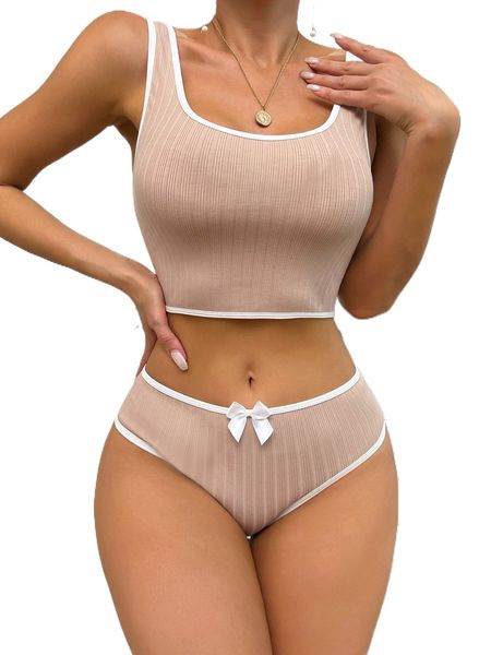 

contrast binding bow front lingerie set a0v3#, Black;red