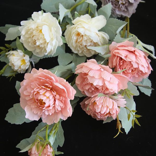 Flores decorativas grinaldas decoração de 65 cm de macarons peony colorido buquê artificial colorido 5 flor de cabeça grande para festa de casamento decordecora