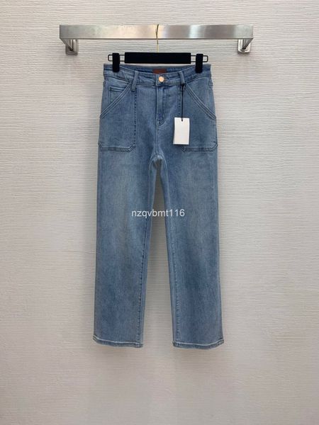 

women's jeans bronze gold button back pocket letter car line straight jeans wide leg pants, Blue