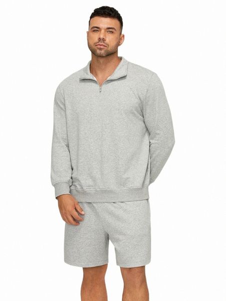 

extended sizes men zip half placket pullover and track shorts 378i#, Gray