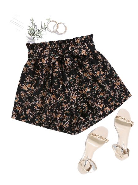 

floral print paper bag waist belted shorts n72y#, White;black
