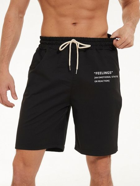 

men slogan graphic drawstring waist shorts l0be#, White;black