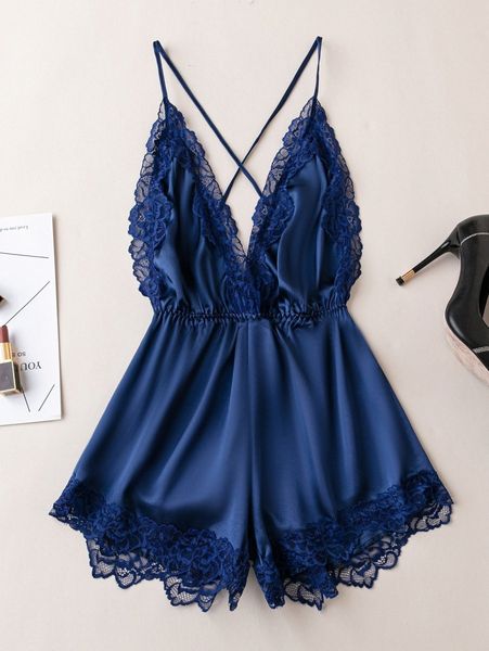 

contrast lace criss cross backless satin cami romper 20sw#, Black;red