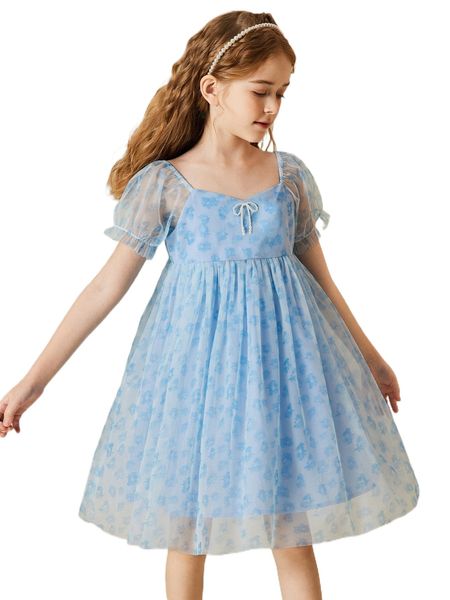 

girls floral print puff sleeve mesh dress v6nz#, Black;white
