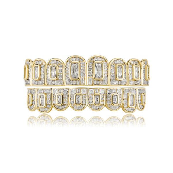 14K Placcato Oro Reale CZ Denti Grillz 8 Top 8 Inferiori Hip Hop Body Fashion Costume Cosplay Diamante Vampire Fang Griglie per Uomo Donna