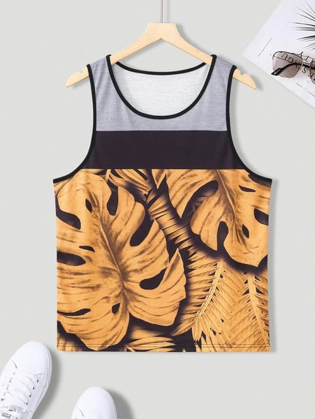 

men random tropical print colorblock contrast binding tank j5uu#, White;black