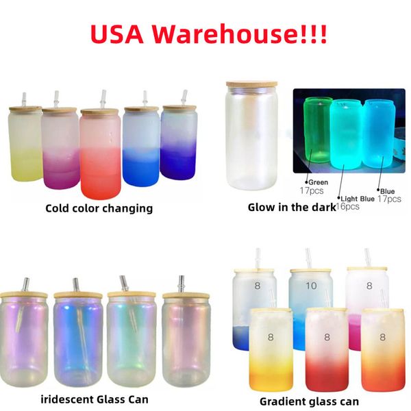 Local Warehouse 16oz Sublimation schillerndes Glas kann im Dunkeln leuchten Weingläser Kalte Farbwechselgläser mit Bambusdeckel und Strohhalmen Bierkrug mit Farbverlauf US-Lager