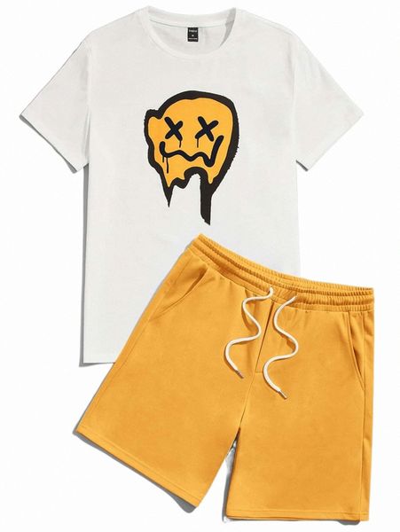 

men expression print tee & drawstring waist shorts n5pc#, Gray