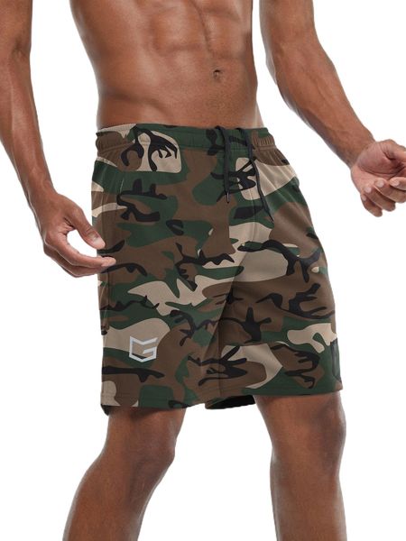 

g gradual men camo print drawstring waist sports shorts m4fa#, White;black