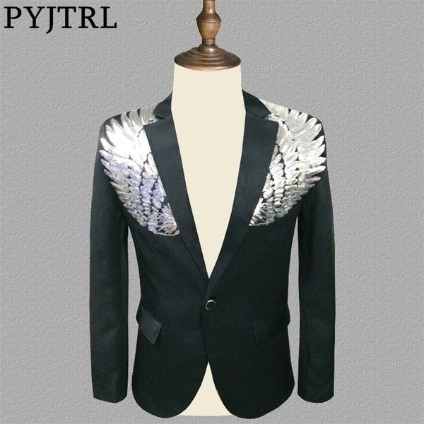 PYJTRL Blazer Männer Stilvolle Schwarz Silber Flügel Pailletten Slim Fit Glänzende Blazer Party Prom Bühne DJ Sänger Anzug Jacke Kostüm 201104