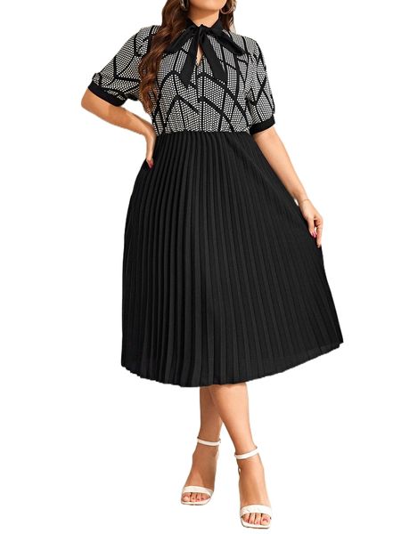 

plus tie neck pleated hem polka dot dress 47mg#, Black