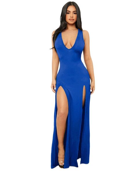 

sxy solid split thigh plunging neck bodycon dress p2go#, Black;gray