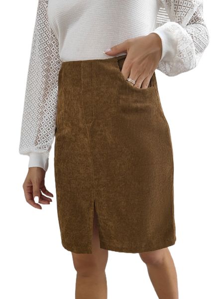 

slant pocket split hem corduroy skirt h3wa#, Black